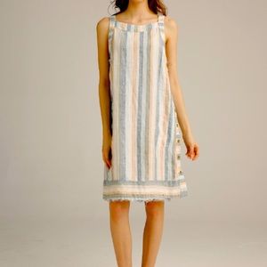 For Cynthia linen stripped tank dress pockets XS NWOT wood buttons